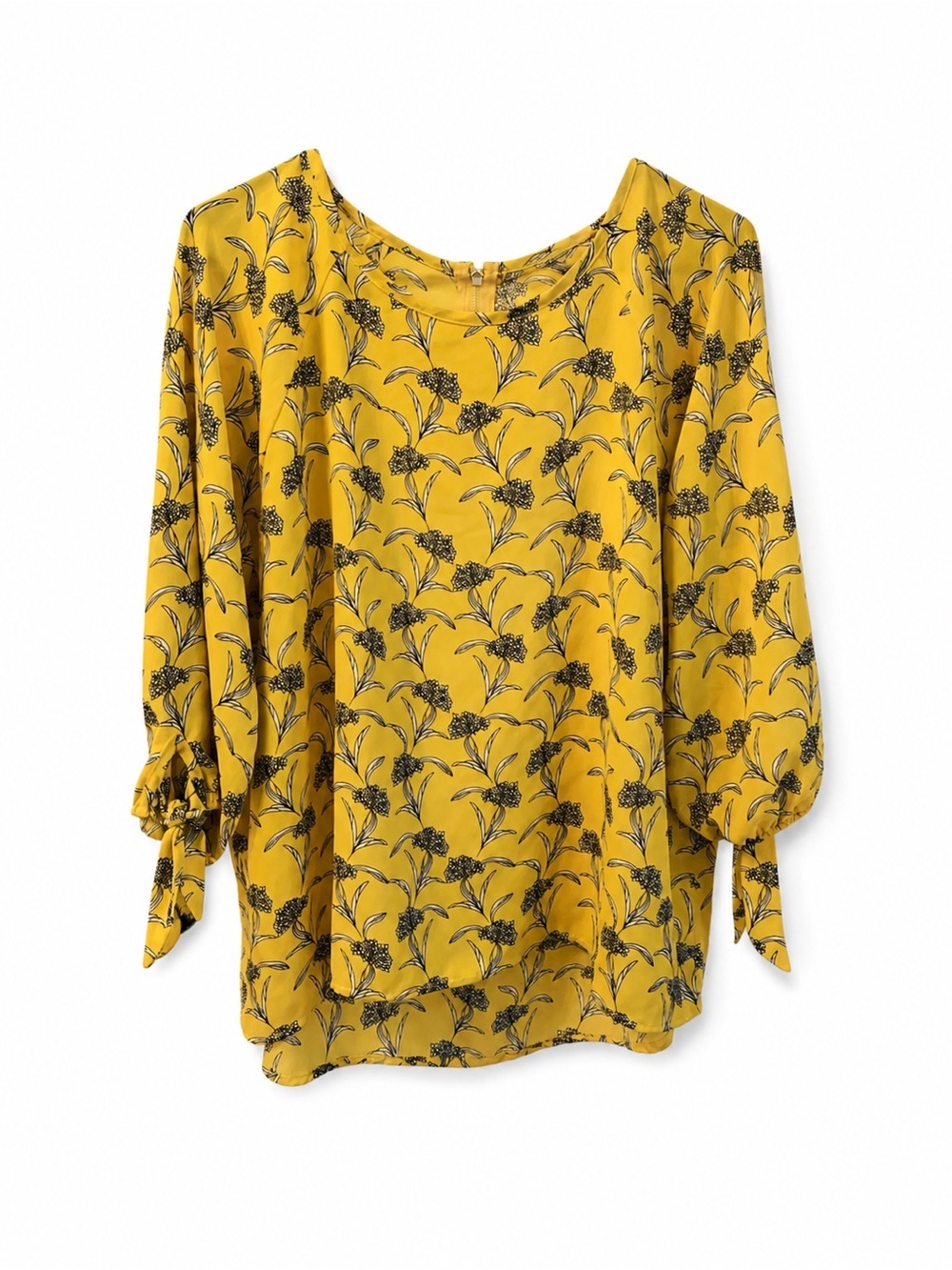 Papermoon Yellow Floral Blouse XL 3/4 Sleeve Tie Cuff Boho Top